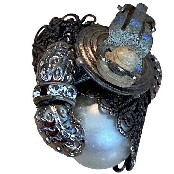 Vintage Napier Silver Tone Clip-On Earrings With Faux Pearls & Rhinestones - Picture 8 of 10